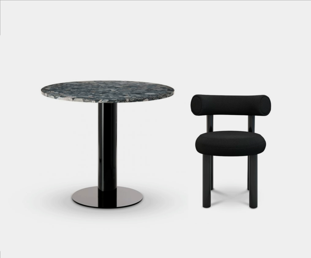 Set of Four Fat Dining Chair and Tube Dining Table Black Pebble Marble