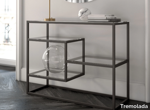 SQUARE - Rectangular glass and marble console table with shelving _ Tremolada