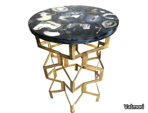 BLACK AGATE BRASS - Round stone coffee table with metal base _ Valmori