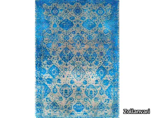 ABRASHED FLORAL CARTOUCHES IN BLUE ON SILVER GREY - Patterned rectangular wool rug _ Zollanvari