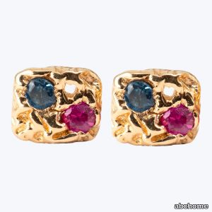 Pink & Blue Sapphire Etched Square Stud Earrings