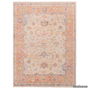 Cream and Orange Oushak Angora Wool Rug