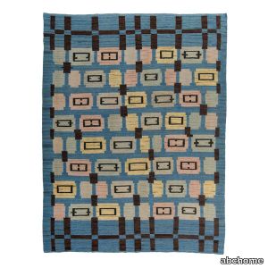 Blue Mid-Century Flatweave Wool Rug