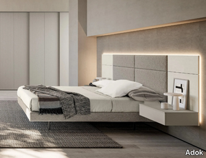 MODULA - Wooden and fabric double bed with integrated lighting _ Adok