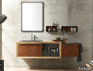 WOOD 04 - Wall-mounted wooden vanity unit with mirror _ Archeda