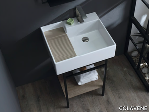 NOBU - Console sink with steel structure and oak shelf _ COLAVENE