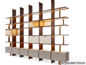 DUO XL - M - Open floor-ceiling mounted wooden bookcase with built-in lights _ Carpanese Home