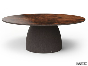 BARREL - Round fiberglass table with walnut root top _ GANSK