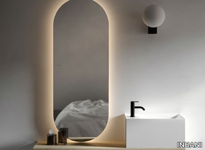 NORM - Oval wooden mirror with integrated lighting with shelf _ INBANI