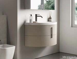 MOON COMP M08 - Single ceramic and wooden vanity unit with mirror _ Ideagroup