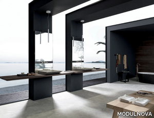 SURF - Double oak vanity unit with integrated washbasin with mirror _ MODULNOVA