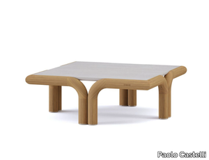 IMANE - Square iroko garden side table with travertine top _ Paolo Castelli