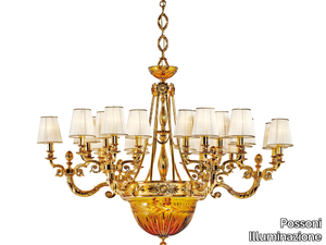 AMBER 431/24+6 - Shaded gold plated chandelier with amber crystal and shades _ Possoni Illuminazione