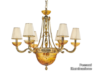 AMBER 431/6+6 - Shaded gold plated chandelier with amber crystal and shades _ Possoni Illuminazione