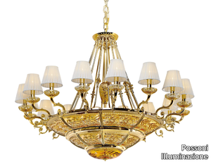 MICHELANGELO 3999/14+16 - Shaded gold plated chandelier with amber crystal and shades _ Possoni Illuminazione