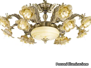 BELINDA 560/8+4+2 - Antique brass chandelier with amber glass _ Possoni Illuminazione