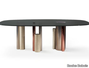 SILO - Oval table with glass top and steel and stone base _ Roche Bobois