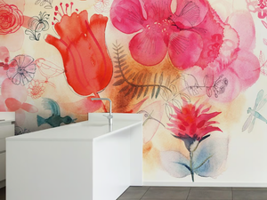 WATERCOLOR AND RED FLOWERS - Ecological washable PVC free wallpaper _ WallPepper®/Group