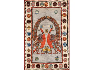 CONFRONTED PEACOCKS & DEERS - Rectangular wool rug _ Zollanvari