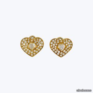 1980s 18K Yellow Gold Diamond Heart Cluster Earrings