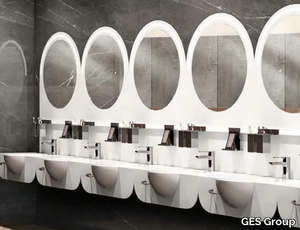 TOVEL - Monoblock Solid Surface Public washbasin with mirror _ GES Group