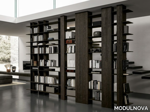 BLADE - Double-sided floor-ceiling mounted eucalyptus bookcase _ MODULNOVA