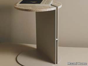 HALF TRAVERTINE - Low round side table in marble and aluminum _ Maami Home
