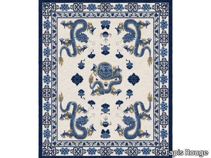 TEMPLE CEREMONY CHINESE BLUE - Rectangular handmade rug _ Tapis Rouge