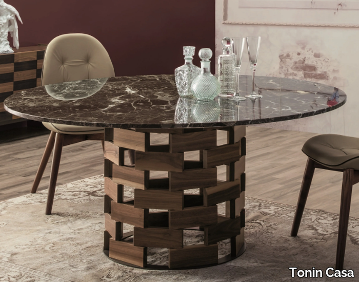 COLOSSEO - Round Dark Emperador marble table with walnut base _ Tonin Casa