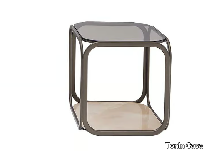 REMIND - Square high metal side table with glass top and marble base _ Tonin Casa