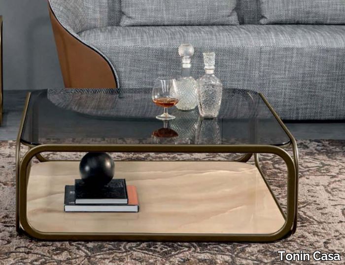 REMIND - Low square metal coffee table with glass top and marble base _ Tonin Casa