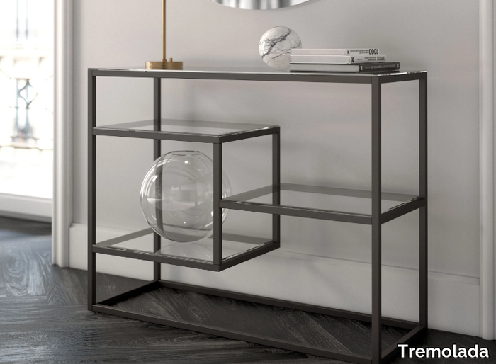 SQUARE - Rectangular glass and marble console table with shelving _ Tremolada