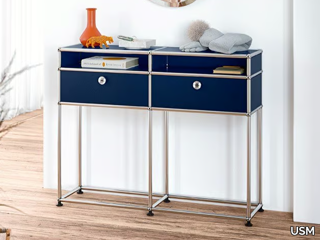 USM HALLER - Contemporary style rectangular steel console table with drawers with shelving _ USM