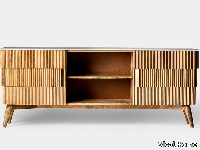 PLISSÉ WOOD - Mango and marble TV cabinet with doors _ Vical Home