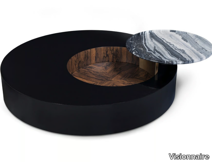 ORBITAL - Round wooden coffee table with marble tray _ Visionnaire