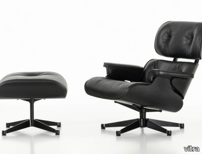 EAMES LOUNGE CHAIR & OTTOMAN BLACK VERSION - Swivel leather armchair with footstool _ Vitra