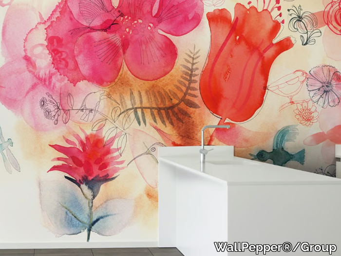 WATERCOLOR AND RED FLOWERS - Ecological washable PVC free wallpaper _ WallPepper®/Group