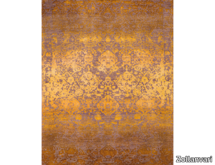 ABRASHED FLORAL CARTOUCHES, HUES OF GOLD ON LILAC - Rectangular patterned wool rug _ Zollanvari