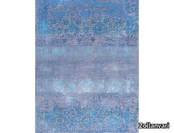 ABRASHED FLORAL CARTOUCHES IN TURQUOISE & BLUE ON SILVER GREY - Patterned rectangular wool rug _ Zollanvari