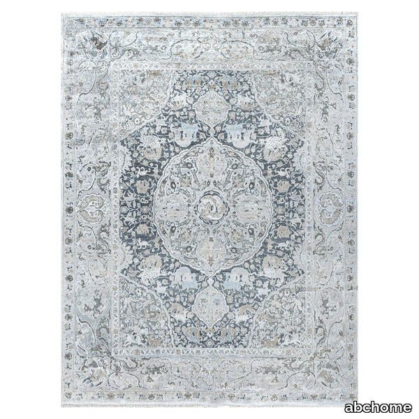 Grey Traditional Wool Silk Blend Rug