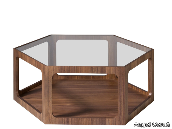 2023 - Hexagonal wood and glass coffee table with storage space _ Angel Cerdá