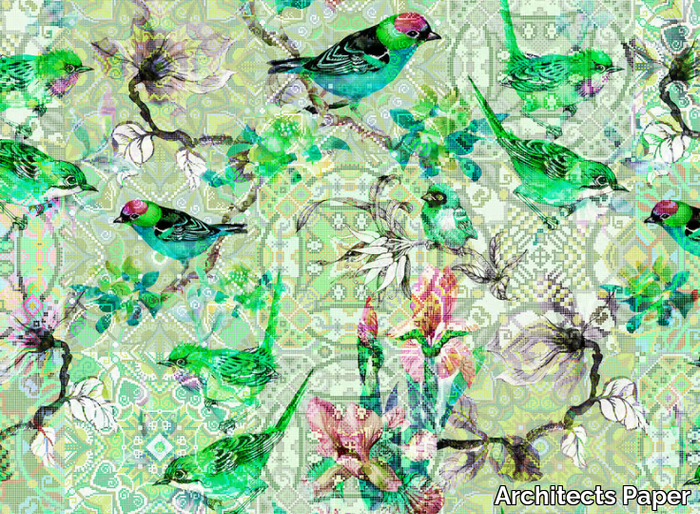 MOSAIC BIRDS - Digital printing wallpaper with floral pattern _ Architects Paper