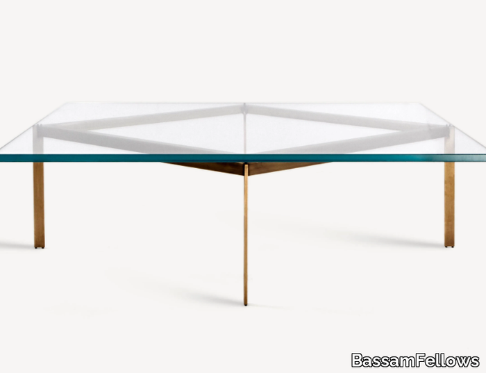 PLANK - Square glass coffee table with metal base _ BassamFellows