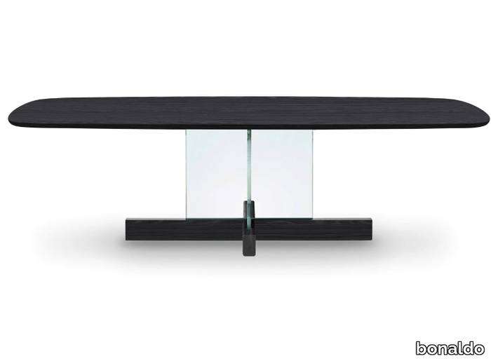 CROSS TABLE GLASS - Barrel-shaped wood and glass table _ Bonaldo