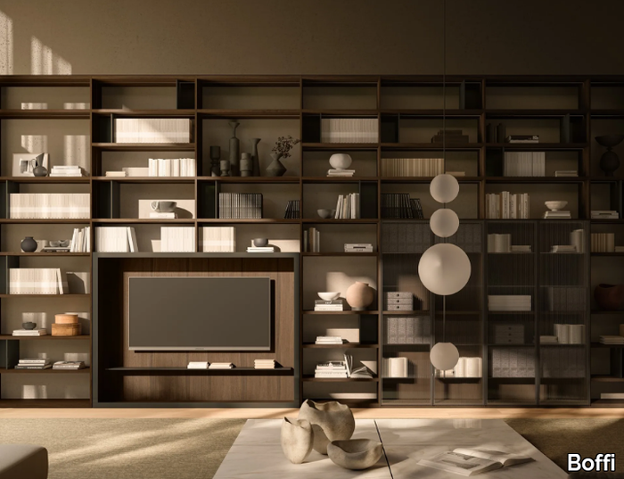 ANTIBES SYSTEMS - Sectional wall-mounted wooden bookcase with TV stand _ Boffi