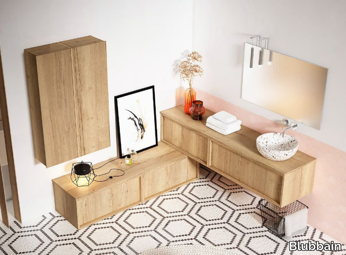 HONEY 01 - Wall-mounted wooden vanity unit with drawers _ Blubbain