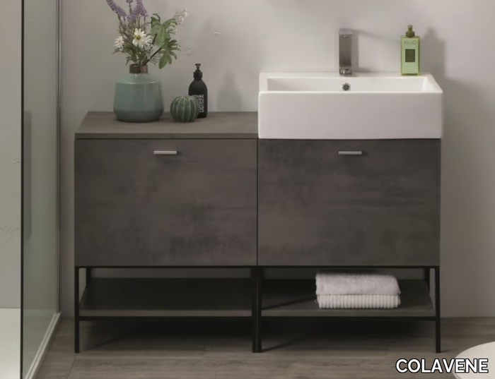 VOLANT - Floor-standing melamine-faced chipboard vanity unit with integrated washbasin _ COLAVENE