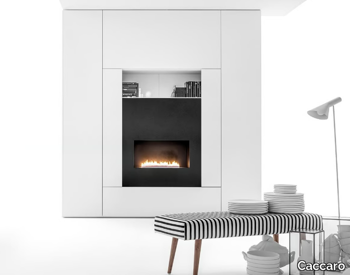 ROOMY - Sectional lacquered wooden storage wall with fireplace _ Caccaro