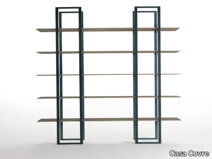 VELA - Open steel bookcase with leather and wood details _ Casa Covre