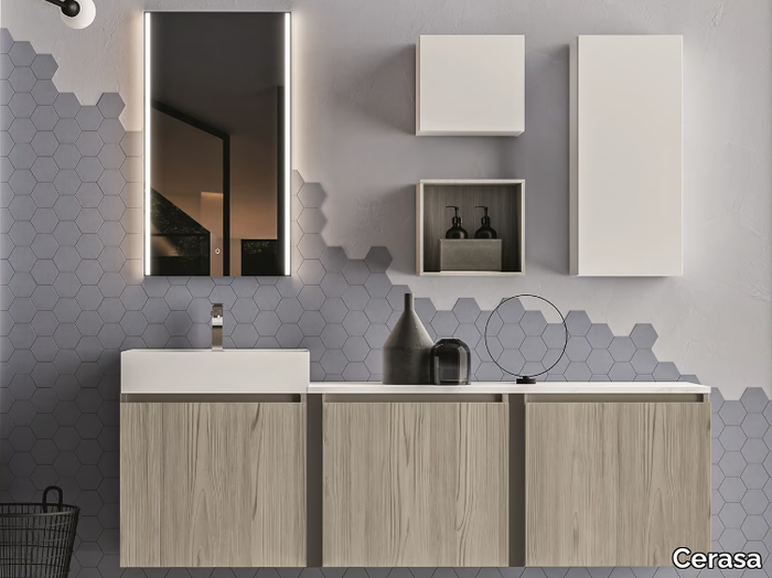 SEGNO - Wall-mounted melamine-faced chipboard vanity unit with cabinets _ Cerasa